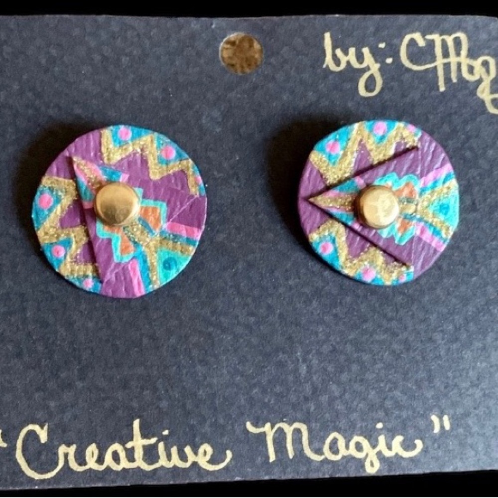 Creative Magic One of Kind Post Earrings Purple Blue Gold Sparkle Jewelry - Picture 2 of 7